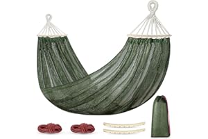 OUTERMAN Hamaca Colgante de Red, Hamaca Jardin Exterior Hamaca Camping con Travesaños de Madera, 290 x 150 cm, Capacidad de Carga de 250 kg