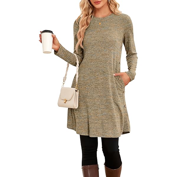 Zeagoo Damesjurk, ronde hals, gebreide jurk, pof, lichte herfstjurk met zakken, lange mouwen, tuniekjurk, jurken voor herfst en winter, S-XXL, blauw, S