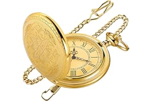 Tiong Vintage Ornate Engraved Pocket Watch with Chain Roman Numeral Scale Quartz Pocket Watches for Men Christmas Gifts