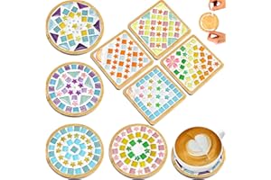 OGMBI 8 Sets DIY Mosaic Coaster Kit, Glass Tiles Coasters for Crafts, Mixed Color Mosaic Set with Wooden Coasters for Kids Adults, Drinking Cup Coaster Making Kit for Handmade Home Decor Gifts