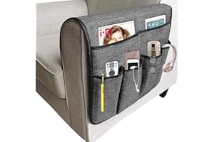 IPENNY Anti-Slip Couch Sofa Armrest Organiser Chair Bedside Storage Pocket TV Remote Holder Bed Storage Pocket Bag for Cellphone Notepad Book Magazines Holder Pouch (#B1-Gray (cotton + linen fabric))