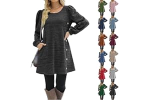 SHE.WHITE Sweatkleid Damen Einfarbig Rundhals Kleider mit Knöpfen Elegant Pulloverkleid für Damen Loose Tunika Kleid mit Taschen Langarm Casual Jumper Kleid Strick Winterkleider Minikleid Sweater Dress