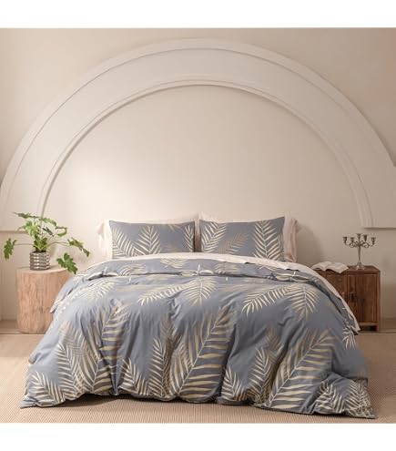 Parure Housse De Couette 220x240 Cm + 2 Taies 65x65 Cm – Feuilles Tropicales Dorées Palmier, Microfibre Douce, Style Boho Chic Or Blanc