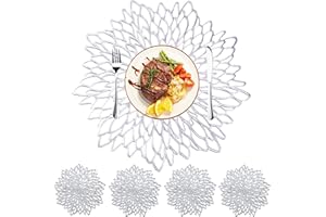 MI CASA Placemats and Coaster Set of 6, Silver Round Table Placemats Dining Table Mats Heat Resistant Anti-slip and Washable Place Mats for Christmas, Wedding, Dinner Parties, Restaurant, Hotel