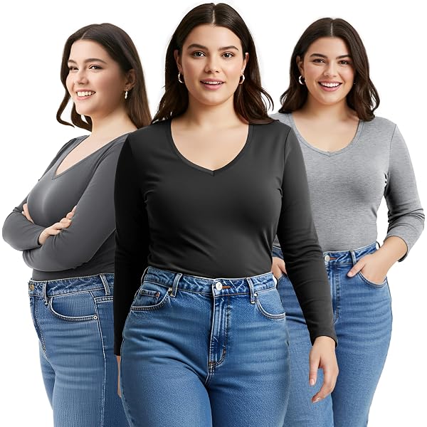 Emmalise Women's V-Neck Long Sleeve T-Shirt 3-Pack | Soft Stretchy Basic Tees In Navy, Rosy Pink & Burgundy - View #5