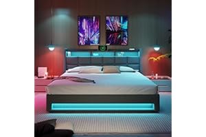 AUTHERIA Letto Matrimoniale con Contenitore 180x200 cm con LED e USB, Letto una piazza e mezza con Vano Portaoggetti e Testiera, Letto contenitore con spazio e rete a doghe, Struttura Letto Matrimoniale