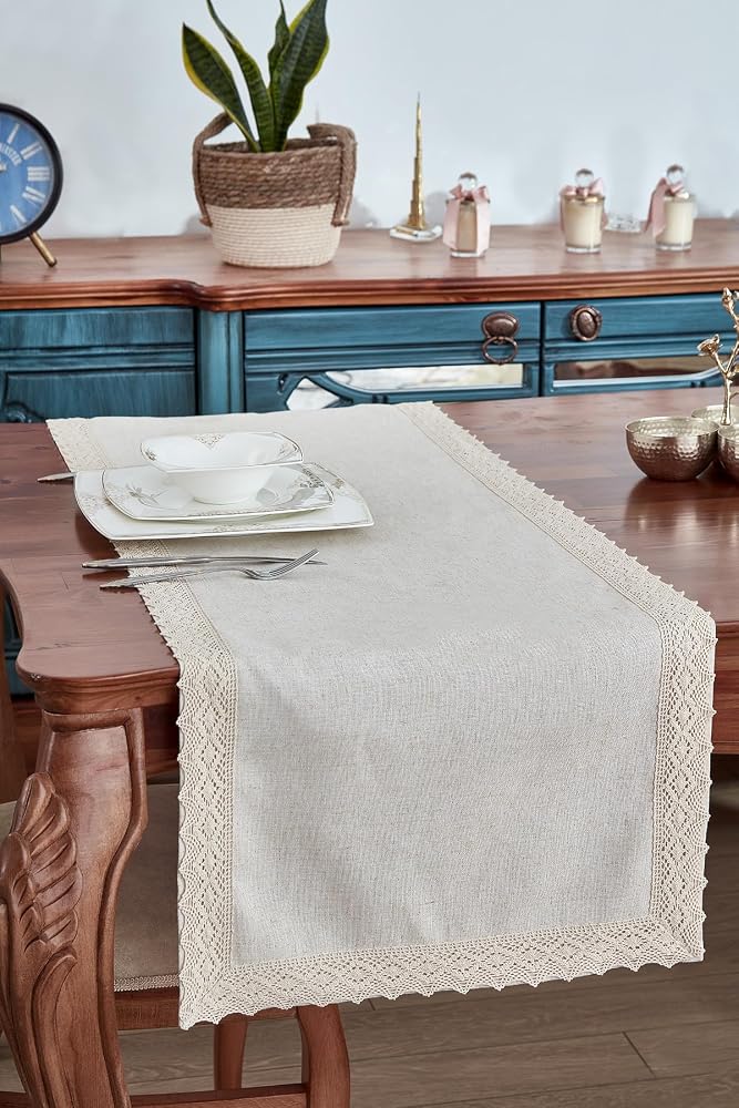 %100 Keten Pamuk Dantelli Runner 50x130 cm Linen Kumaş Masa Örtüsü Sehpa Leke Tutmaz Mutfak Bej