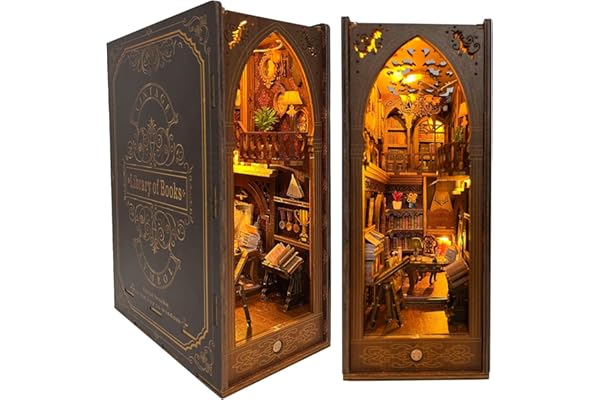 DIY Book Nook Kit – Maison de poupée Miniature en Bois avec Meubles et lumière LED, Puzzle 3D en Bois, Serre-Livres d'art, Kit de Construction pour Les Personnes de Plus de 14 Ans