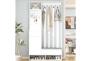 ModernLuxe Wandgarderobe Flurgarderobe Garderoben-Set Garderobenpaneel Kombinierte Flurmöbel Multifunktionale Garderobe für Eingangsbereich mit Sitzbank,Schuhschrank,Schublade H180xL100xW35cm,Weiß