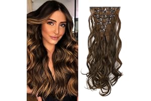 Gairyan Extensiones de Clip de Pelo Natural 7 Piezas 16 Clips Cabello Extensiones con Clips Sintético Extensión De Cabello Más Suave Aspecto Real Rizado 20" - Marron oscuro&Castaño claro