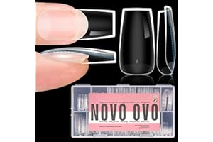 NOVO OVO Bardzo grube końcówki do paznokci, średnio kwadratowe, miękkie, żelowe, grube, naturalne zakrzywienie, średnie, pełne pokrycie, sztuczne paznokcie do akrylu francuskiego, 14 rozmiarów, 336