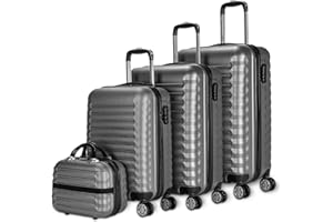 NEWTECK NUMADA - Lot de 4 Valises (53/63/75cm) et Trousse de Toilette Mod Grise, ABS, Rigide, Résistant, 4 Doubles Roues, Léger, Serrure à Combinaison latérale