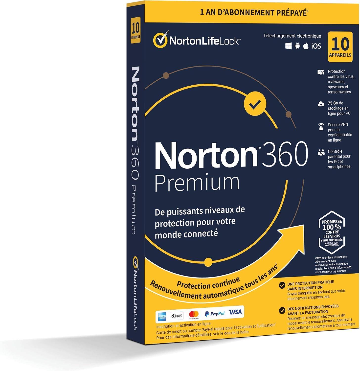 NortonLifeLock 360 Premium 2022 |10 Appareils | 1 An d'Abonnement | Secure VPN - Password Manager - Dark web monitoring| PC/Mac/iOS/Android - Envoi par la poste