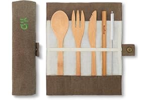 Bamboo Cutlery Set| Travel Cutlery Set | Eco Friendly Flatware Set | Knife, Fork, Spoon and Straw| Wooden Cutlery Set | Camping Cutlery Set with Travel Pouch | 20 cm | Olive | Bambaw