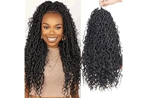 Xtrend 18 Zoll 7 Packs River Fake Locs Häkelhaar, 16 Stränge/Pack gewellt mit vorgelocktem Haar, Synthetik, Bohemian Locs Häkelzöpfe, Haarverlängerungen 1B #