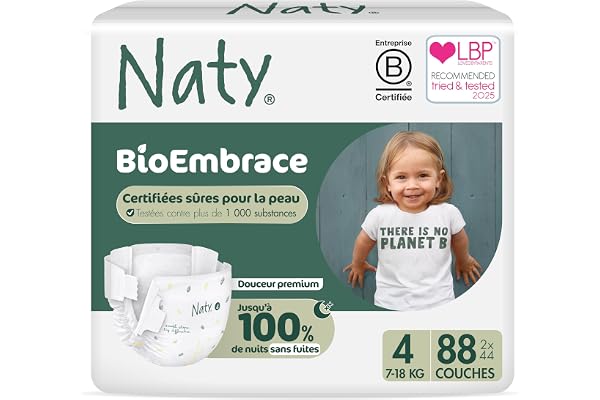 Naty BioEmbrace Couches Bébé | Certifiées sûres pour les peaux sensibles| Protection anti-fuites jusqu’à 100% | Douceur biosourcée & à base de plantes | Sans chlore | Taille 4 (7–18 kg), 88 unités