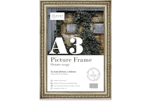 Almost Frameless A3 Champaign Ornate Picture Frame Fits A3 (29.7 x 42cm - 11.7 x 16.5in) Poster, Photo, Artwork, or Print. Elegant Style Portrait and Landscape Display with Wall Hooks