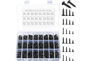 QIWUHAI 815 Pcs M3 M4 M5 Self-Tapping Wood Screw Assortment Set, Metric carbon steel Cross Head Drilling Screws, Flat Head Screws for Sheet Metal (405 x Round Head, 410 x Flat Head)(815 black)