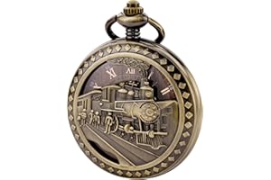 TREEWETO Montre à Gousset pour Homme Montre Squelette mécanique, boîtier en Bronze - Style Antique - chiffrres Romains - Gravure 3D Locomotive à Vapeur
