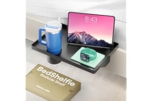 BedShelfie Bedside Shelf for Top Bunk, College Dorm Room Essentials, Loft Bed Accessories, Clip On Nightstand Snack Organizer, Floating Bed Side Table Tray Shelfie Caddy - 6.4 cm Cup Holder, Black