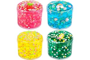 BRETOHAY 4 Piece Kit Jelly Crunchy Slime, Red Cherry,Blue Rainbow Yellow Lemon and Green Mermaid Jelly Crunchy Slime, Super Soft and Non-Stick, Birthday Gift Slime Party Gift
