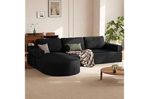HOMRELEXA Ecksofa mit Schlaffunktion, Cord Schlafsofa L Form, Boneless Couch, Wohnlandschaft Schlafcouch mit 75cm Sitzfläche, Modulares Sofa Bed Sofabett mit Abgerundeter Chaise Longue, Schwarz