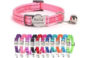 SEOUGEE Collar de gato de liberación rápida con etiqueta de nombre personalizada, collares reflectantes para gatitos con campanas y liberación de seguridad, 19-30 cm ajustable, rosa