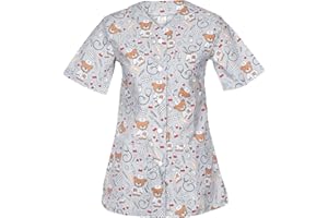 DINOZAVR Carla Sanitario Camisa Médica con Botones a presión y Cuello en V para Mujeres