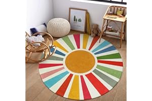 STARUIA Round Boho Rug 6 Ft Washable Round Area Rug for Playroom, Sunshine Circle Rug for Kids Room, Non-Slip Circluar Rainbow Carpet Soft Large Kids Rug for Classroom Dorm Bedroom