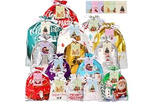 30 st jul dragskoväskor, 15 design julomslagspåsar med etiketter blandade 5 storlekar stor medium liten presentpåse för julfe