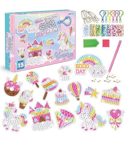 Kit 5D Diamond Painting Portachiavi Per Bambini - 15 Pezzi Con Motivi Sirena E Unicorno - Foto 10