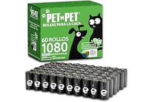 PET N PET Bolsas Caca Perro Extra Gruesas Y A Prueba De Fugas, 41% De Origen Vegetal Y 59% PE, 1080 Unidades (60 Rollos, 23x33 Cm), Bolsas Duraderas Para Residuos
