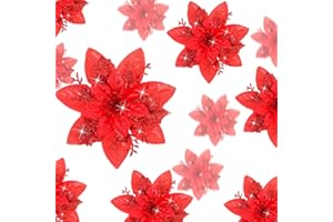 GEOSAR 36 Stück Glitzer Künstlich Weihnachtsstern Blumen Weihnachten Poinsettie Künstlich Hochzeit Blumen Dekoration Weihnachtsbaum Ornamente mit Clips, 6 Zoll, 4 Zoll, 3 Zoll (Rot)