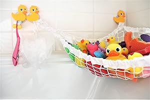 MiniOwls Bathtub Toy Storage Hammock Net - Bath Toys Mesh Organizer with 3 Suction Cups, Hooks & FREE Toothbrush Holder (yellow)