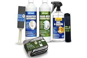 ‎BIO-CHEM bio-chem Badreiniger Set 6-teilig - 1x Haar-Weg Abflussfrei, 1x Urinsteinentferner, 1x Sanitärreiniger + Bimsstein & Tücher- Effektiver Abflussreiniger, Toilettenreiniger & Kalkentferner fürs Bad