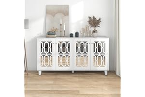 Moimhear Hogar y vivienda, muebles de espejo con asas de cristal fresco, cuatro puertas, con laminado móvil, para salón y comedor, 160 x 40 x 84 cm (blanco)