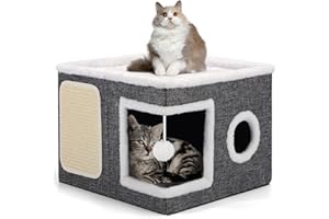 Shikha Cat House for Indoor Pets, 2 Layer Large Cat Cave with Scratch Board and Fluffy Ball, 43L x 43B x 32H cm, Foldable Large Cat-Bed, Kitten Hideaway With Double-Sided Soft Cushions for All Seasons