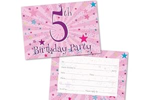 ABSOLUTELY YOURS Age 5 Party Invitations Kids. Pack of 36. Pink Starburst Themed Invitation with Matching envelopes. 120 x 172mm. Party Invites, Birthday Party Invitations. Designed and Printed in UK.