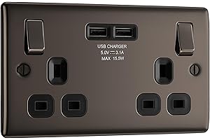 EMNT BG Electrical nbn22u3b Double Switched Fast Charging Power Socket with Two USB Charging Ports, Black Nickel