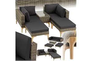 TecTake® Conjunto Jardín en Ratán y Aluminio con Cojines, Conjunto Terraza Resistente a la Intemperie, Muebles Jardín Exterior 2 Sillones, 2 Taburetes, 1 Mesa con Cristal, Fundas Extraíbles - Natural