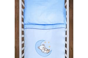 BABY COMFORT 4 Piece 135x100 cm Duvet & Cover with Pillow & Pillowcase Bedding Set for Baby Cot Bed (Moon Blue)