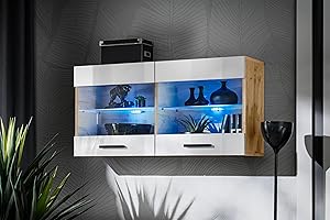 Komodee, Witryna Wisząca Savona, Wotan/Biała, Szerokość 100 cm x Wysokość 50 cm x Głębokość 30 cm, Bez LED, 2 Szklane Półki, Do Salonu, Kuchni