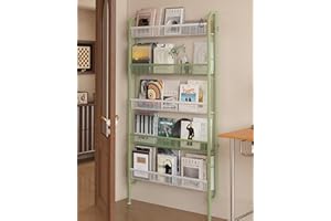 UMDONX Slim Metal Storage Shelf Behind Door Organiser 5 Tier, Bookshelf Bookcase Book Rack Bathroom Narrow Shelving Unit (Green 82x9x160cm)