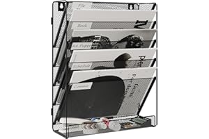 Senhoglb 6 Tier Wall Mounted Magazine Rack with Tray Mesh A4 Paper File Organiser Mail Holder Storage No-Side, Black