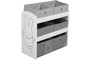 roba Leksaksställ miffy® - Leksaksställ för barnrum med 5 grå tygbackar - Kaninmotiv - Förvaringsställ för flickor och pojkar - Trä vitt