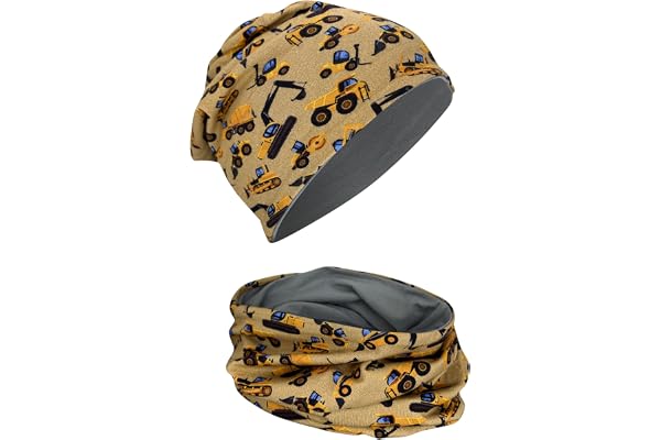 HECKBO Ensemble bonnet beanie et tour de cou pour enfants – intérieur en polaire ou jersey (réversible) – unisexe filles/garçons – 95% coton – pour l’automne, le printemps et l’hiver