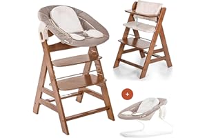 hauck Chaise Haute Bébé Évolutive Alpha Plus avec Insert Nouveau-né 2-en-1 – Utilisable dès la Naissance avec Réducteur Amovible et Coussin d’Assise Inclus, Idéal pour Repas - Noyer Beige