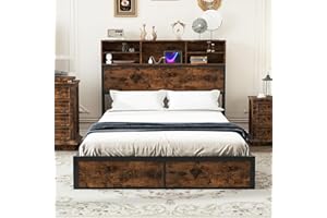 COSTWAY Łóżko ze stacją ładującą, 140 x 200 cm, zagłówek ze schowkiem, rama łóżka, łóżko podwójne, metalowe łóżko bez materaca, wzornictwo przemysłowe, rustykalny brąz