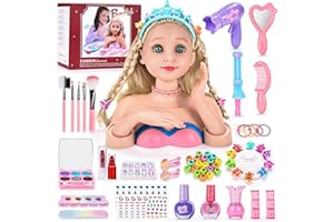 LumenVela Têtes à Coiffer Enfant, 60 Pièces Tête de Poupée de Maquillage pour Fille 4 5 6 7 8 Ans, Poupée de Tête de Coiffure pour Enfant avec Autocollant pour Ongles et Rouge à Lèvres