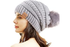 REDESS Damen Winter Pom Pom Beanie Mütze mit warmem Fleece gefüttert, Dicker Slouchy Snow Knit Chunky Baggy Skull Ski Cap